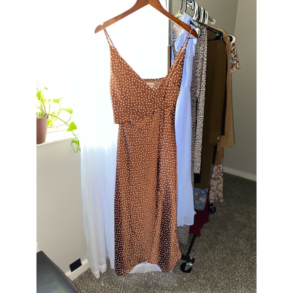 Polka dot, brown, long, thigh slit dress